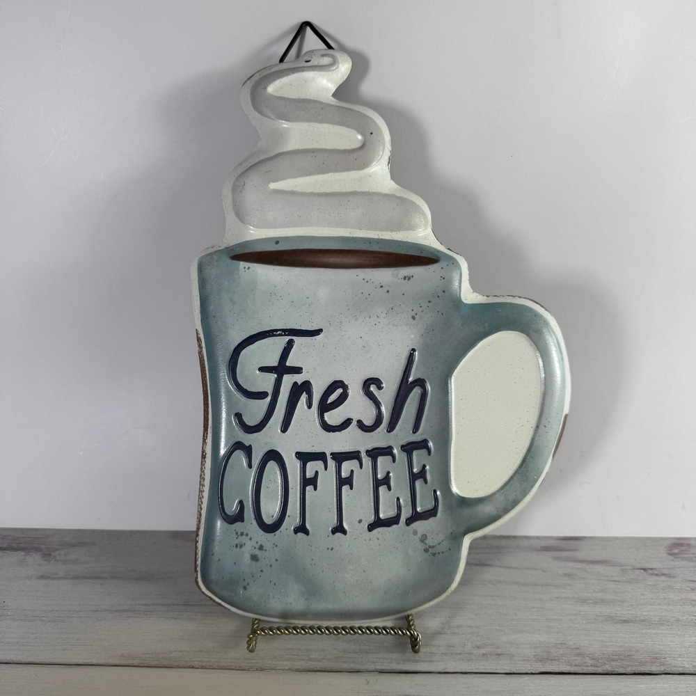 Fresh Coffee Metal Wall Sign Vintage Farmhouse Kitchen Cafe Decor Blue Mug 15in